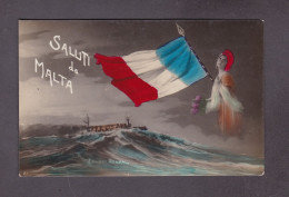 Malte Saluti Da Malta Patriotique Drapeau Tricolore Bateau Ernest Renan (52526) - Malta