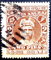 COCHIN 1911, RAJI RAMA VARMA-1, 2 PIES, ROUND BAR CANCEL NUMERAL "14" - Cochin