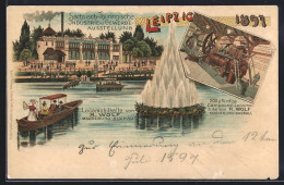 Lithographie Leipzig, Sächsisch-Thüringische Industrie- & Gewerbe-Ausstellung 1897, Lokomobil, Lokomobilhallle R. Wo - Ausstellungen