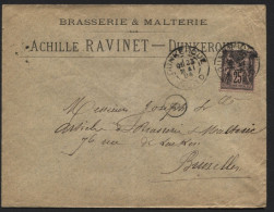 BRASSERIE Sage 25c S/lettre DUNKERQUE Vers La Belgique 1894. BRASSEUR Ravinet BIERE. Voir Autres Lettres - 1876-1898 Sage (Type II)