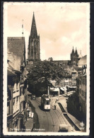 AK Freiburg I. Breisgau, Oberlinden, Strassenpartie Mit Strassenbahn Und Kirche Aus Der Vogelschau - Tram