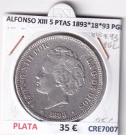 CRE7007 MONEDA ESPAÑA ALFONSO XIII 5 PESETAS 1893*18*93 PGL PLATA - Andere & Zonder Classificatie