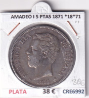 CRE6992 MONEDA ESPAÑA AMADEO I 5 PESETAS 1871 *18*71 PLATA - Andere & Zonder Classificatie