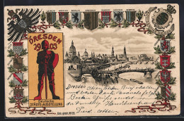Lithographie Dresden, Deutsche Städte-Ausstellung 1903, Stadtansicht, Wappen Verschiedener Städte, Ritter - Ausstellungen