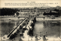 CPA Paris Ensemble De La Place De La Concorde Le Sacre Coeur De Montmartre Et L'Opera - Squares