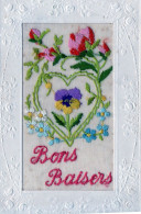 FANTAISIE, CARTE BRODEE, BONS BAISERS, BOUQUET DE FLEURS COULEUR  REF 30166 - Embroidered