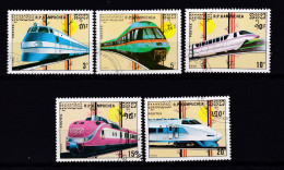 Timbre(s) Oblitéré(s) RP Kampuchea Année 1989 N°865/866/867/868/869 Thème Transports Trains Locomotives Réf 9352 - Kampuchea