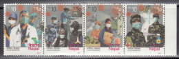 2022 Nepal Honor To Covid Warriors Pandemic Virus Microorganism Doctor Nurse Medical Military Healthcare 4v Strip MNH - Maladies