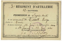 Permission De L'Après-Midi Pour Se Rendre à Nimes, Retour à Minuit - 3e Régiment D'Artillerie, 51e Batterie - 1940 - Documenten