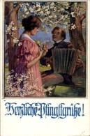 Artiste CPA Glückwunsch Pfingsten, Liebespaar, Mann Spielt Ein Musikinstrument - Pfingsten