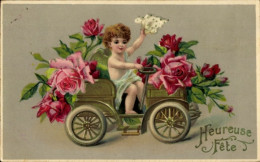 CPA Glückwunsch, Engel, Auto, Rosen - Sonstige & Ohne Zuordnung