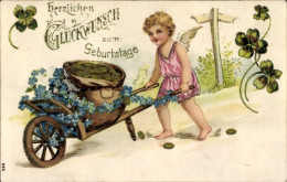 Gaufré CPA Glückwunsch Geburtstag, Klee, Engel, Vergissmeinnicht - Geburtstag