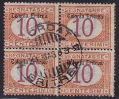 1903 ERITREA, Segnatasse N. 2 QUARTINA USATA CON ANNULLO CENTRALE 'AGORDAT' - Eritrea