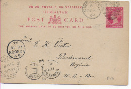 Gibraltar Post Card To Richmond/Virgina 1894 - Gibraltar