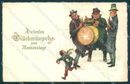 Greetings Namenstage Man Playing Instruments Pittius CREASED Postcard TW2211 - Ohne Zuordnung