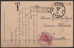 CP De GENT En F.M. Càd "GENT 3A/15 V 1919" Taxé 10c (timbre-taxe Surchargé "BRUSSEL/BRUXELLES" !) + Càd BRUXELLES + [Tro - Covers & Documents