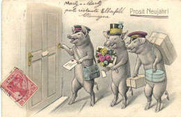Illustrateur Prosit Neujahr ! Cochons Humanisés Habillés Venant Souhaiter La Nouvelle Année Pionnière   RV - Varkens
