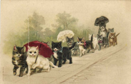 Illustrateur  Promenade  D'une Famille De Chats  Humanisés Ombrelles  RV - Cats