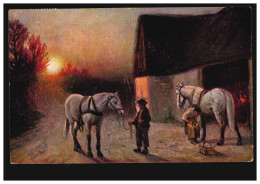 Künstler-AK Dorfidylle Mit Pferden: Abends Beim Hufschmied, Gelaufen Um 1910 - Sonstige & Ohne Zuordnung