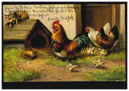 Künstler-AK Hahn Verteidigt Hennen Und Küken Vor Dem Haushund, 29.7.1904 - Sonstige & Ohne Zuordnung