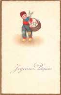 L110 Easter Greetings 1930 Boy Eggs Basket Vintage Postcard - Sonstige & Ohne Zuordnung