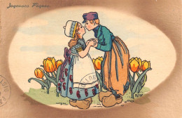 L110 Easter Greetings France Tulips Flowers Teens Kissing RJW Signed Postcard - Sonstige & Ohne Zuordnung