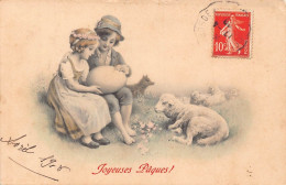 L110 Easter Greetings France 1908 Children Giant Egg Sheeps Vintage Postcard - Sonstige & Ohne Zuordnung