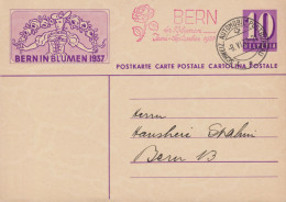 Postkarte " BERN IN BLUMEN 1937 " Mit Rotem Passendem Stempel + SCHWEIZ. AUTOMOBIL POSTBUREAU - Ganzsachen