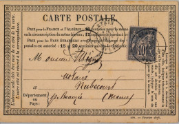 1878 CARTE POSTALE , YV. 89  SAGE TIPO II , ETAIN - NUBÉCOURT , LLEGADA - 1876-1898 Sage (Type II)