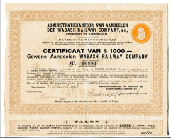 WABASH RAILWAY COMPANY; Dutch Certificate Of $ 1.000.- - Railway & Tramway