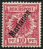 10 Pf. Freimarken (diagonaler Aufdruck 56°) 1900, Farbe ,,d" (rotkarmin), Eine Marke Mit Echter Gummierung Und Aufdruck, - Mariana Islands