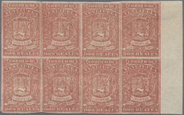 Venezuela: 1859/1862, Coarse Impression 2r. Red, Right Marginal Block Of Eight, - Venezuela
