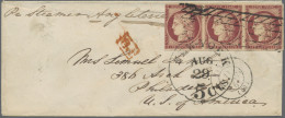 France: 1849/1851, Horizontal Strip Of Three 1 Fr Carmine, Left Stamp Touched At - Covers & Documents