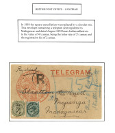 ZANZIBAR - British P.O. : 1892 INDIA 1/2a + 4a Canc. ZANZIBAR REG. + REGISTEREDC MAURITIUS On REGISTERED TELEGRAM Envelo - Zanzibar (...-1963)