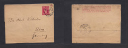 BC - Antigua. 1894 (21 Dec) Leeward Is. GPO - Germany, Ulm (11 Jan 1895) 1d Red Complete Stat Wrapper, Reverse Arrived C - Other & Unclassified
