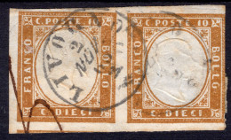 IV EMISSIONE C.10 SASS 14Dh COPPIA ORIZZONTALE USATA CON TRE OTTIMI MARGINI PRECISA A DESTRA ANNULLO A CERCHIO PICCOLO D - Sardinia