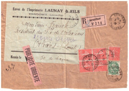 VENDOME Loir Et Cher Colis PUBLICITE URGENT Tf 1920 1,7 Kg Imp Launay OPR Recommandé 50c Semeuse 5c Blanc Yv 199 111 - Lettres & Documents