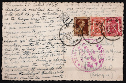 CP De Cuesmes Affr.N°419+423+427 Càd MONS 2F/21 VII 1937 Pour BILBAO (Espagne) - Cachet Censure VIZCAYA - 1935-1949 Small Seal Of The State