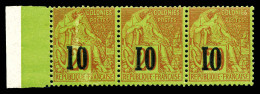 ** N°4, 10 Sur 20c Brique Sur Vert: Types III, VIII Et IX Se Tenant (n°4C, 4G Et 4H) En Bande De Trois, Bord De Feuille - Unused Stamps