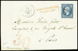 Lettre N°22 OBL GC 121 + T15 "Anzin (57)" Nord (1863) Sur Lettre Pour Paris Avec Griffe Rouge "Affranchissement Insuffis - 1862 Napoleon III