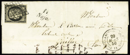 Lettre N°3 (touché) OBL Grille + Cursive "11 Najac" + T15 "Villefranche De Rouergue 11" (1850) Sur Lettre, Ind 22. TB - Other & Unclassified
