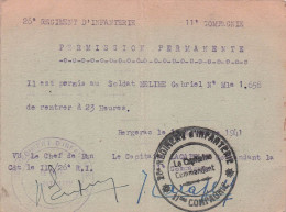 PERMISSION PERMANENTE  26° REGIMENT D'INFANTERIE 11° COMPAGNIE  SOLDAT MELINE  GABRIEL BERGERAC 1941 - 1939-45