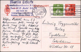 Delcampe - DÄNEMARK 1936 (27.6.) Amtl. P 5 Öre Ziffer + 15 Ö. Kogge , Viol. Abs.-HdN: Martin Luserke/ Reichsschrifttumskammer A 636 - 2. Weltkrieg