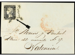ESPAÑA. 1850. BARCELONA A VALENCIA. 6 Cuartos Negro. Pl. 1. Tipo 6. Variedad De Impresión Falta Parte De La Línea Del Ma - Other & Unclassified