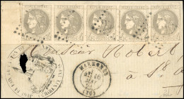 Obl. 41B - 4c. Gris. Bande De 5 Avec BdeF. Percée En Ligne Obl. GC 2210 S/devant De Lettre Frappée Du CàD De MARENNES Du - 1870 Emissione Di Bordeaux
