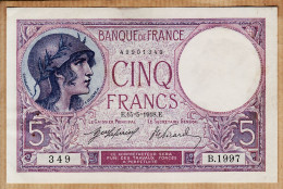 05984 /  ️ Etat SUP + - Billet CINQ 5 FRANCS Type VIOLET E 15=5=1918 - 15 Mai 1918 Alphabet B-1997 N°49901349 - 5 F 1917-1940 ''Violet''