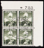 1947. GRØNLAND.  Christian X And Polar Bear. 1 Øre Olive Black AFA TYPE II. 4-Block With Margin... (Michel 1) - JF560445 - Gebraucht