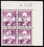 1938. GRØNLAND.  Christian X And Polar Bear. 10 Øre Pale Violet 4-block With Marginal Number 65... (Michel 4) - JF560447 - Gebraucht