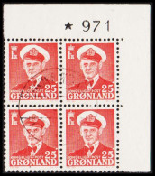 1950. GRØNLAND. Frederik IX. 25 ØRE. In Fine 4-block With Marginal 971.  (Michel 32) - JF560455 - Gebraucht