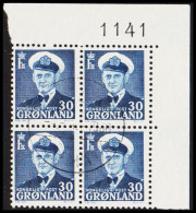 1953. GRØNLAND. Frederik IX. 30 ØRE. In Fine 4-block With Marginal 1131.  (Michel 33) - JF560456 - Gebraucht
